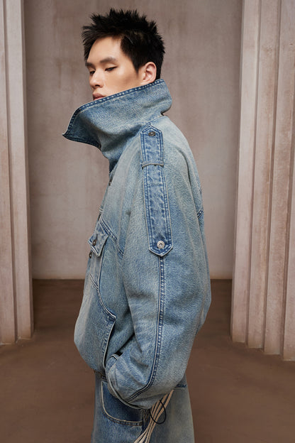 Washed Stand-Collar Double-Breasted Cropped Denim Trench Jacket