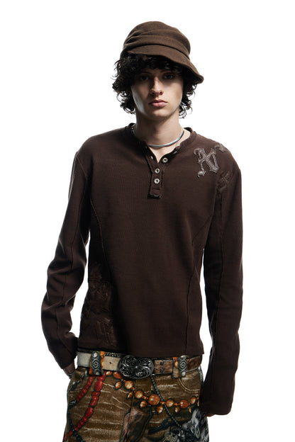 Henley Neck Applique Long Sleeve