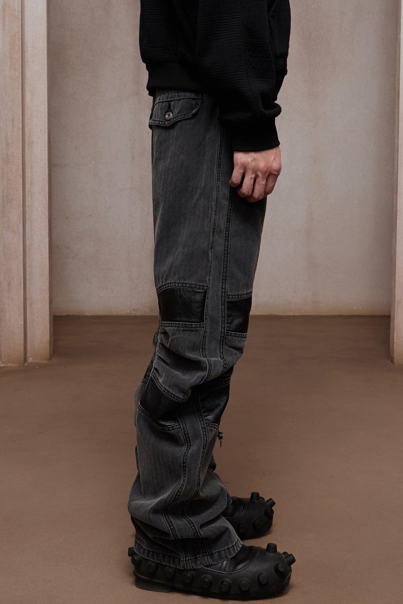 Heavy Washed Leather-Panel Utility Cargo Jeans