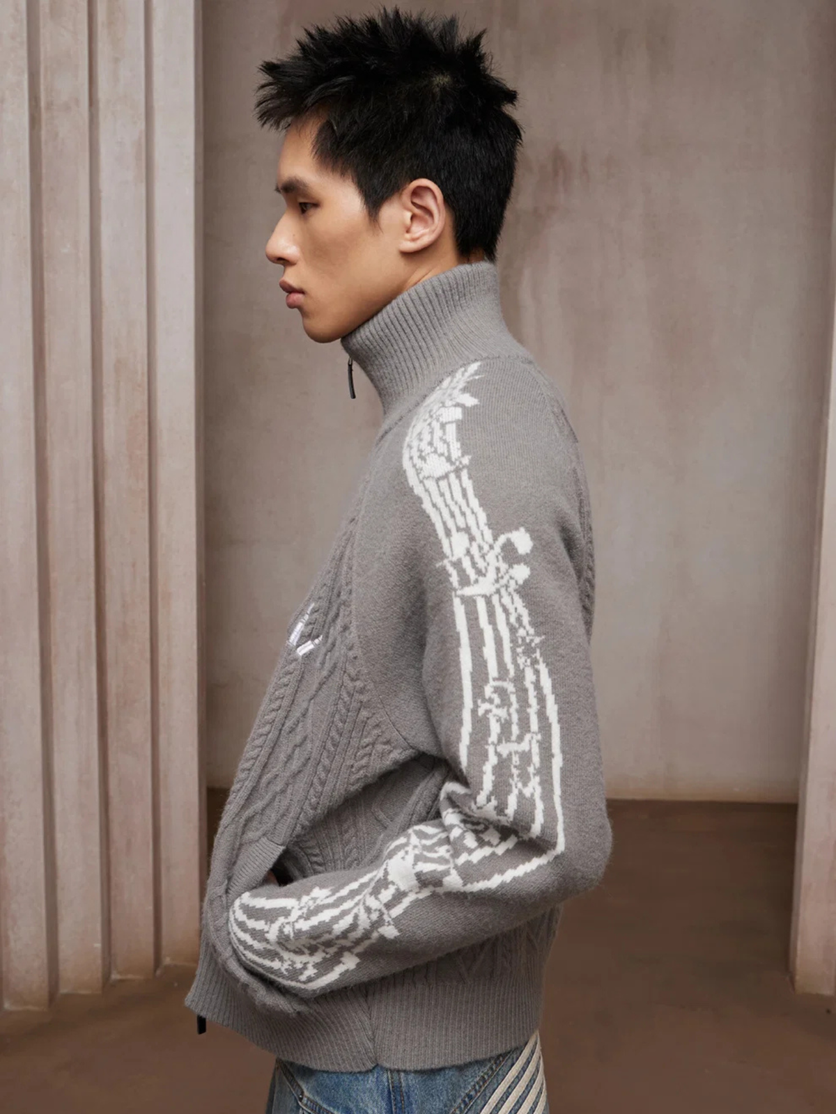 Riff Aran Cable Knit High-Neck Zip-Up Jacket