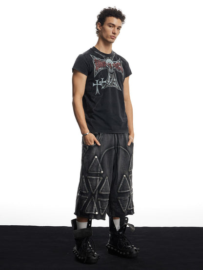 Faded Studded Geo Armor Panel Cargo Shorts