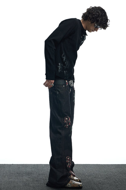 Camouflage Gothic Applique Raw Denim