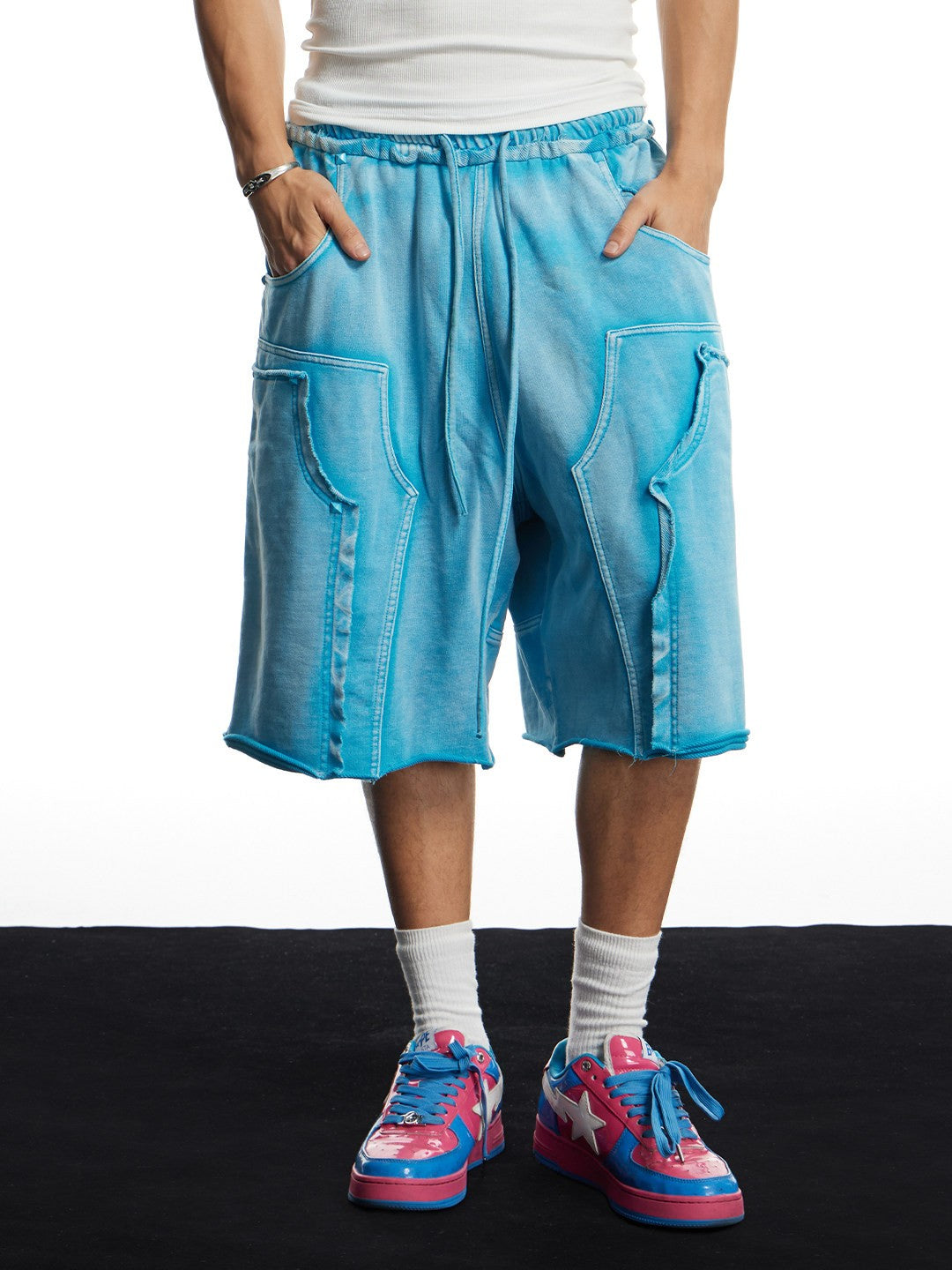 Washed Deconstructed Raw Edge Pocket Long Shorts