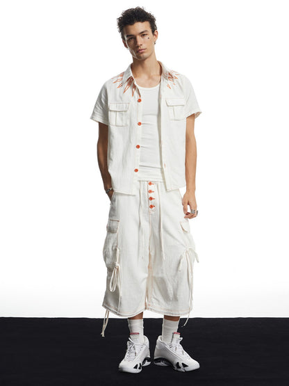 White Linen Infrared Contrast Stitch Bullet Back Patch Cargo Shorts