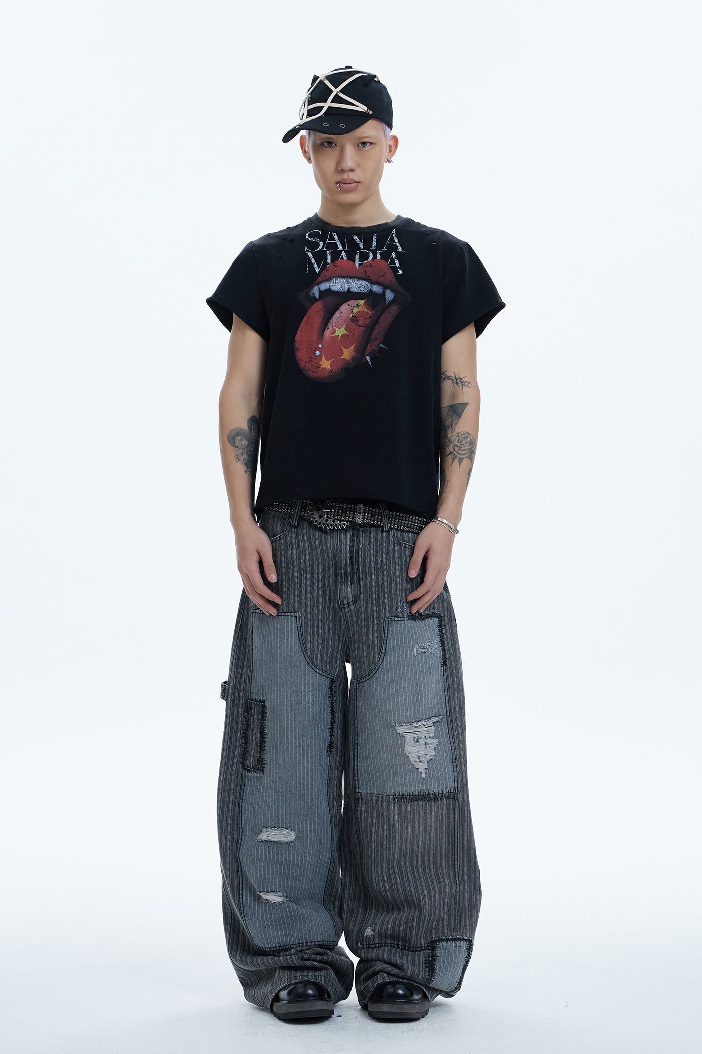 Striped Patchwork Distressed Carpenter Pants