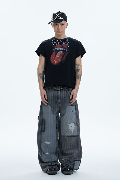 Striped Patchwork Distressed Carpenter Pants