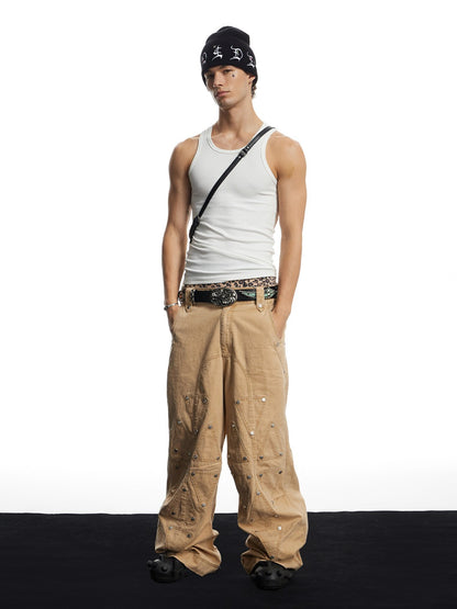 Washed Studded Geo Armor Panel Baggy Cargo Pants
