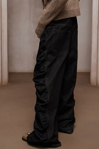 Asymmetric Button Fly Side-Ruched Raw Denim