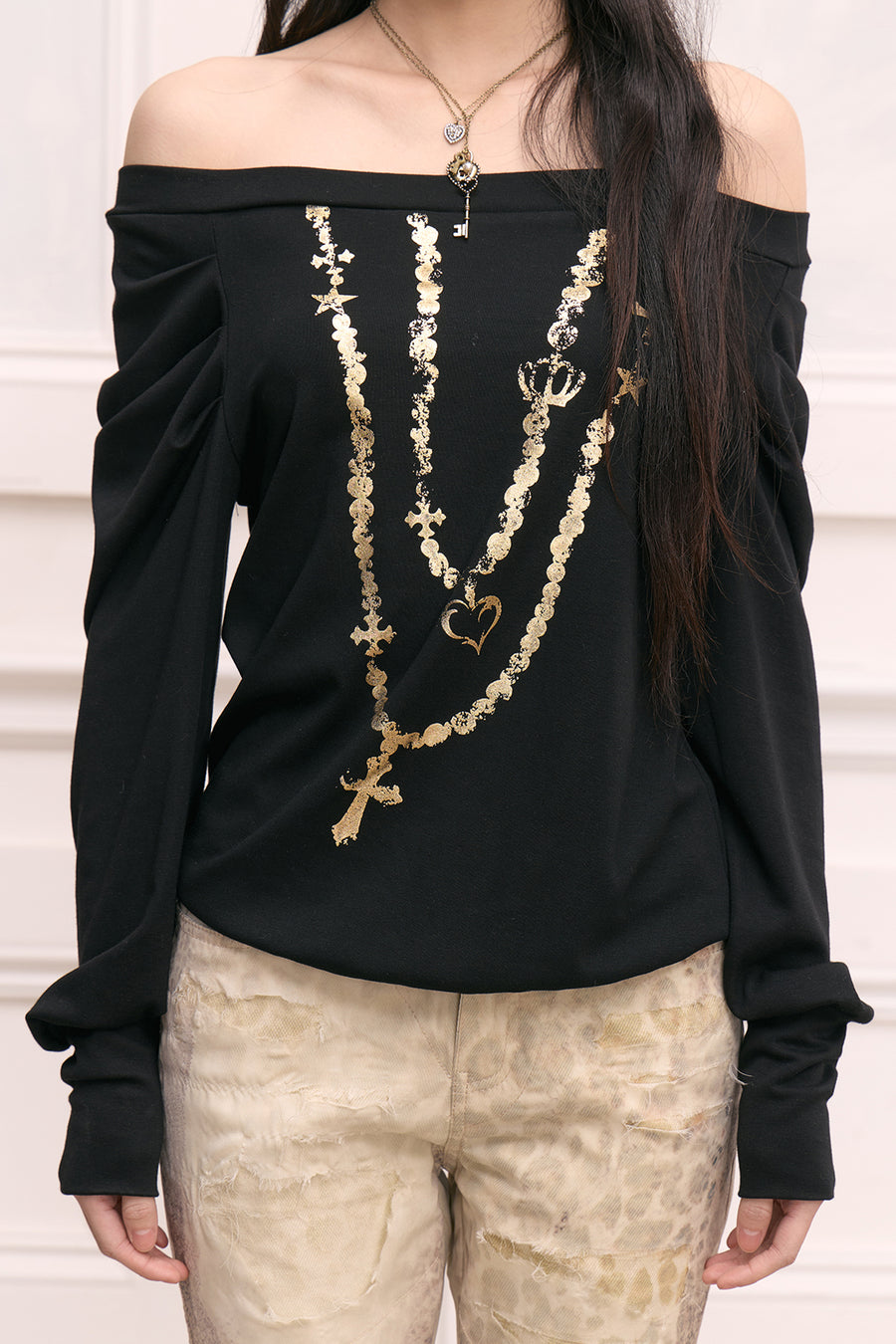 Raglan Sleeve Gold Foil One-Shoulder Top