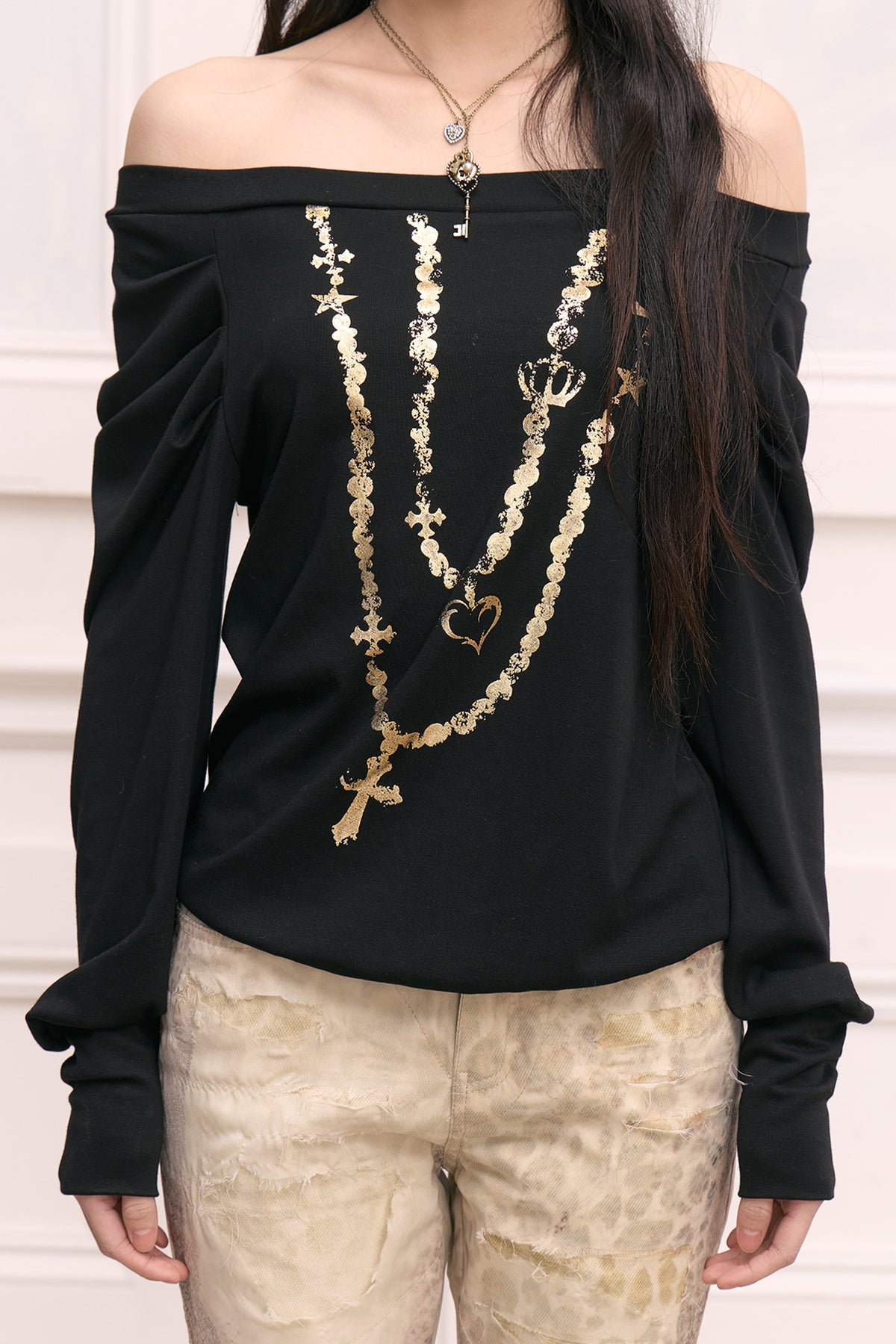 Raglan Sleeve Gold Foil One-Shoulder Top