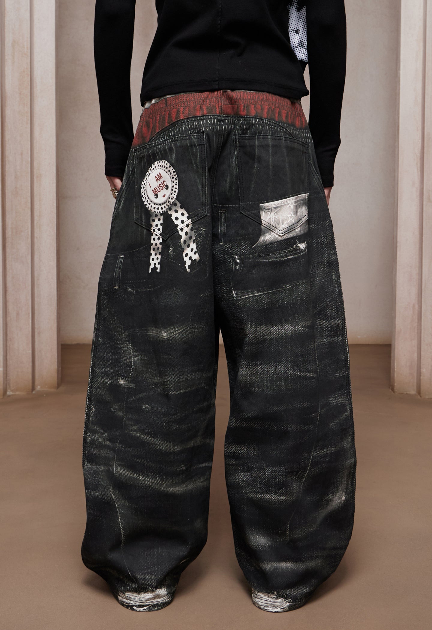 Trompe-l’œil Sports-Layered Printed Baggy Jeans