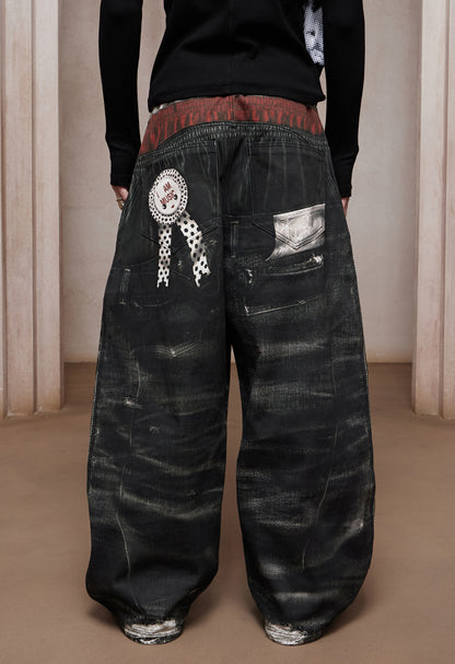 Trompe-l’œil Sports-Layered Printed Baggy Jeans