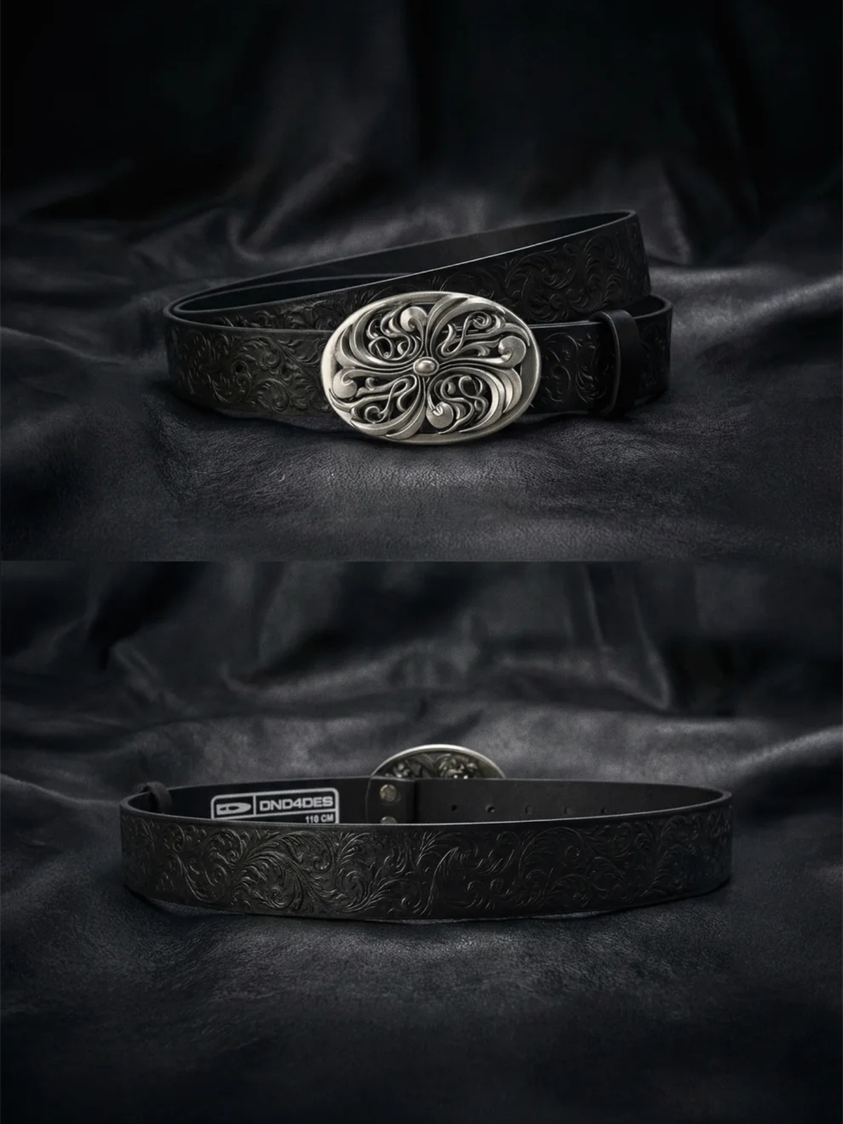 Chrome Acanthus Carved Leather Belt