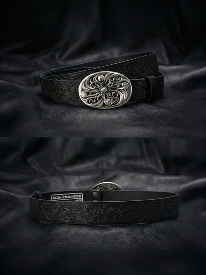 Chrome Acanthus Carved Leather Belt