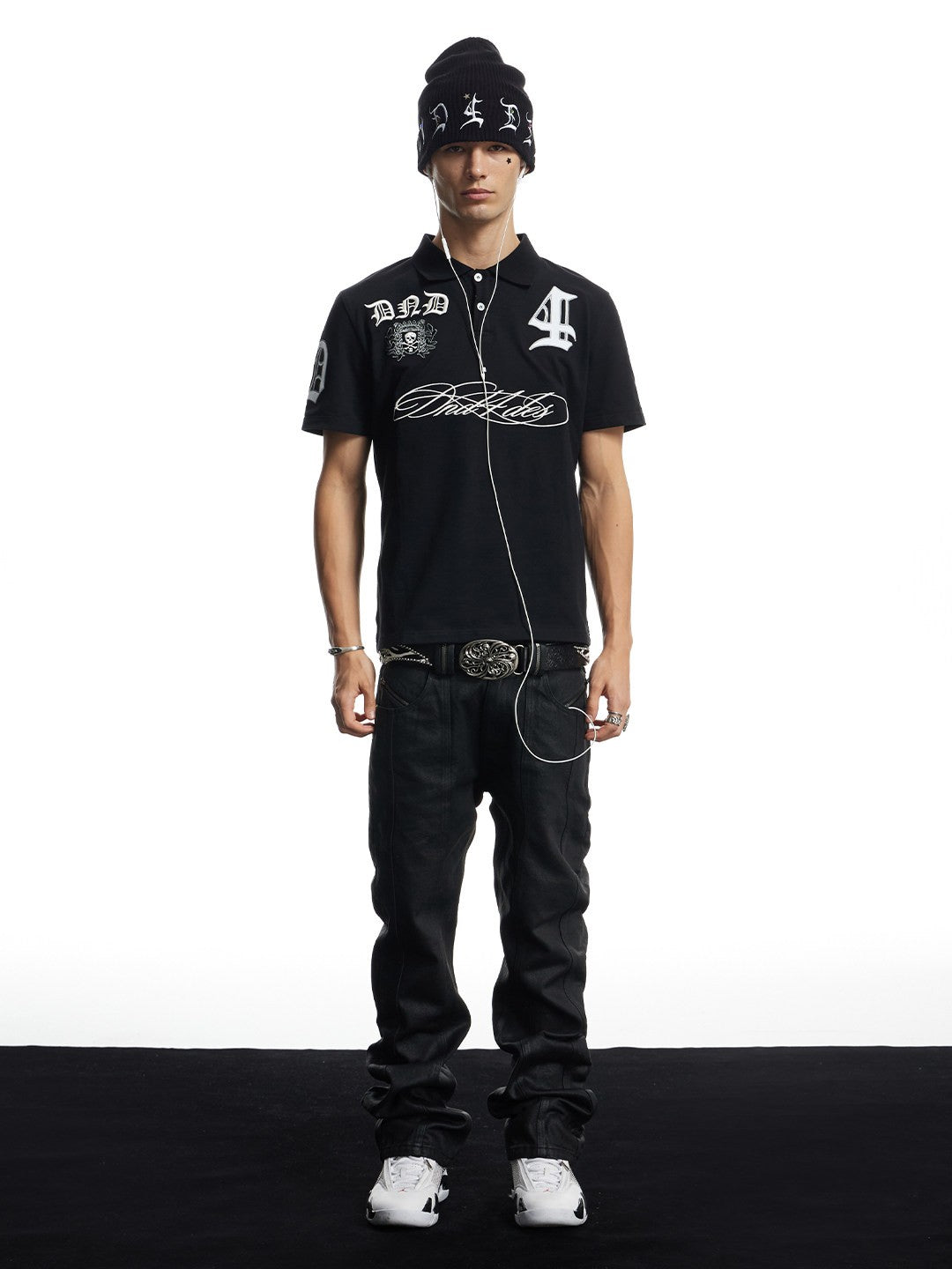 Gothic Script Embroidered Boxy Polo Shirt