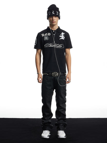 Gothic Script Embroidered Boxy Polo Shirt