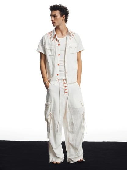 White Linen Infrared Contrast Stitch Bullet Back Patch Wide-Leg Cargo Pants