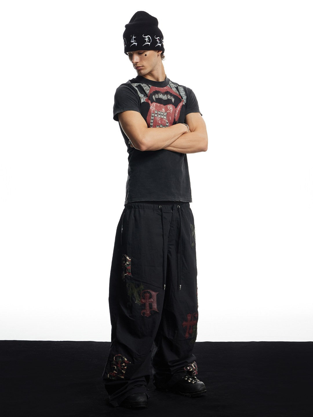 Cross Faux Leather Appliqué Wide-Leg Parachute Pants