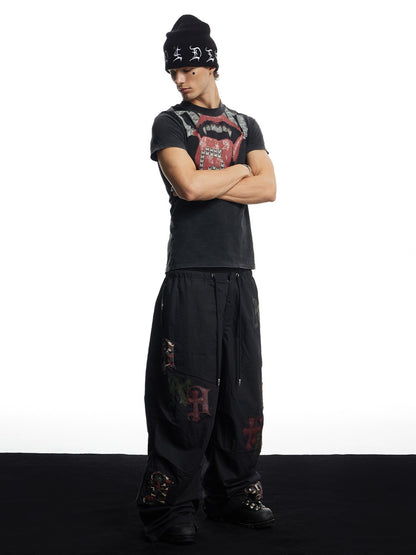 Cross Faux Leather Appliqué Wide-Leg Parachute Pants