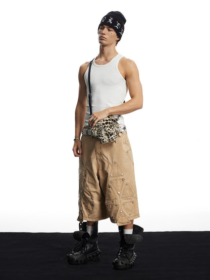 Washed Studded Geo Armor Panel Cargo Shorts