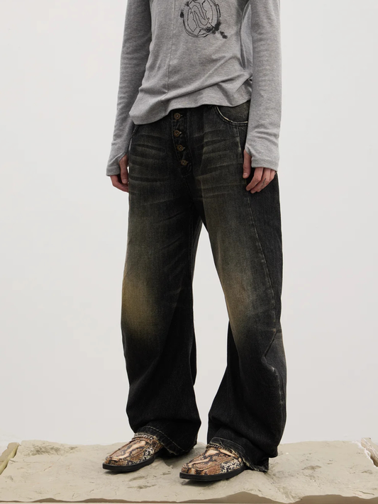 Curved Button Fly Loose Fit Washed Denim