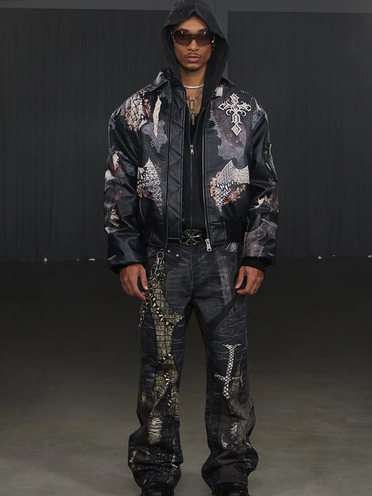 Jeweled Cross Spliced Pythonskin Leather Jacket
