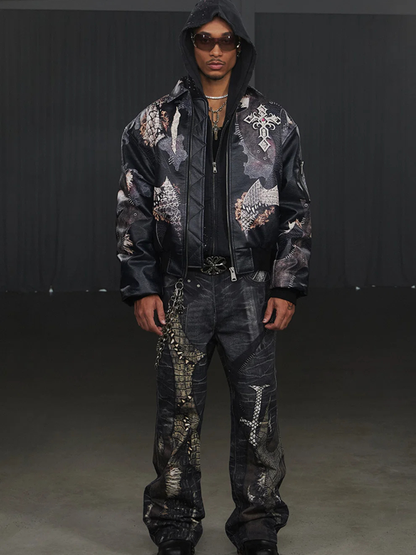Jeweled Cross Spliced Pythonskin Leather Jacket