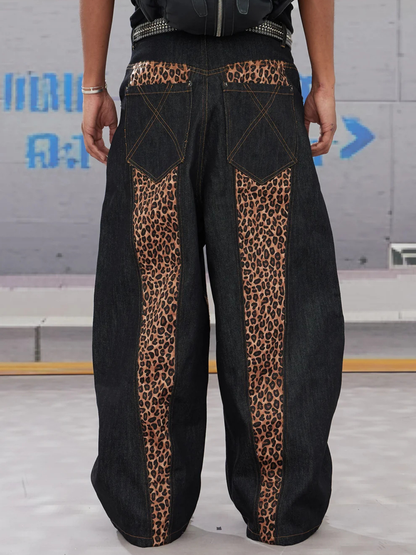 Cross-Paneled Genuine Haircalf Leopard Leather Curved Baggy Jeans