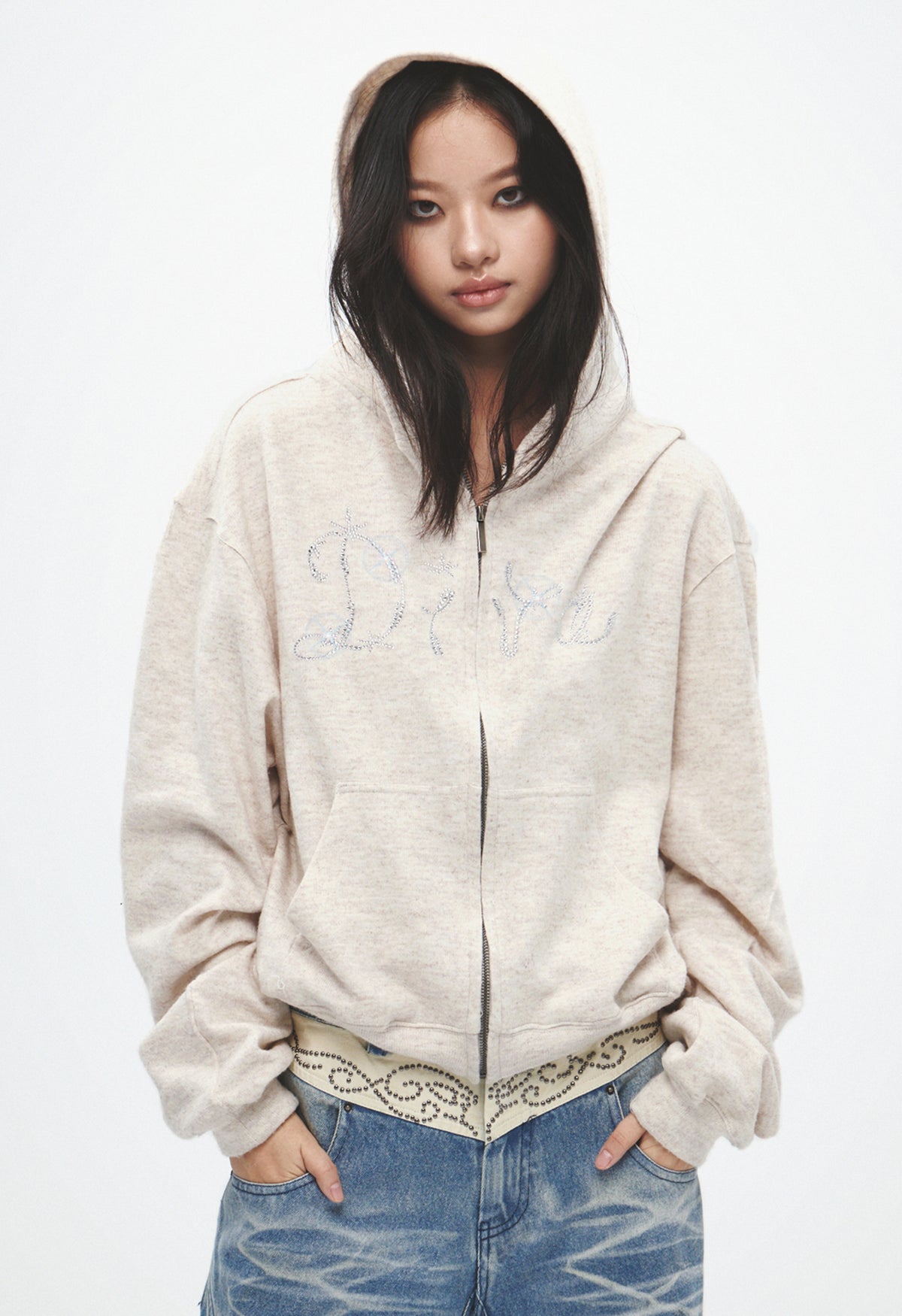 “DIVA“ Rhinestone Wool-Touch Loose Zip-Up Hoodie (balck)