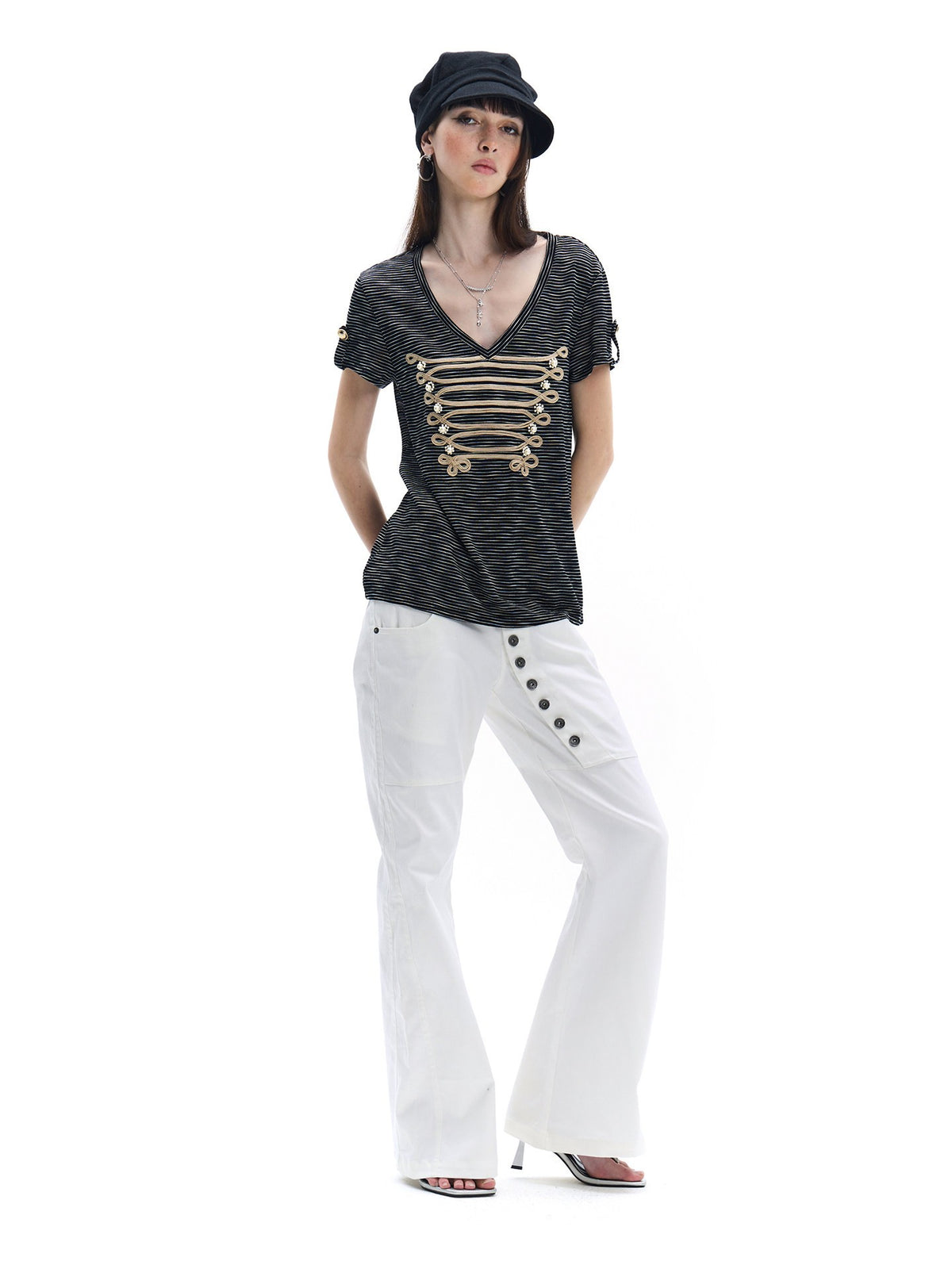 Regal Pearl Frogging Semi-Sheer V-Neck Top
