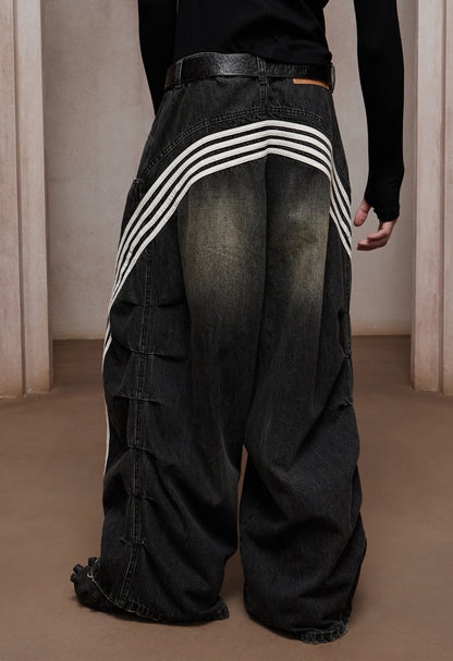 DND4-Stripe Pleated Washed Denim Ultra Wide-Leg Jeans
