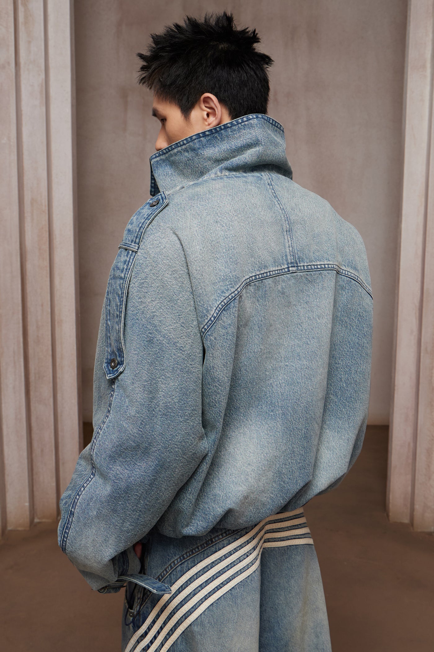 Washed Stand-Collar Double-Breasted Cropped Denim Trench Jacket