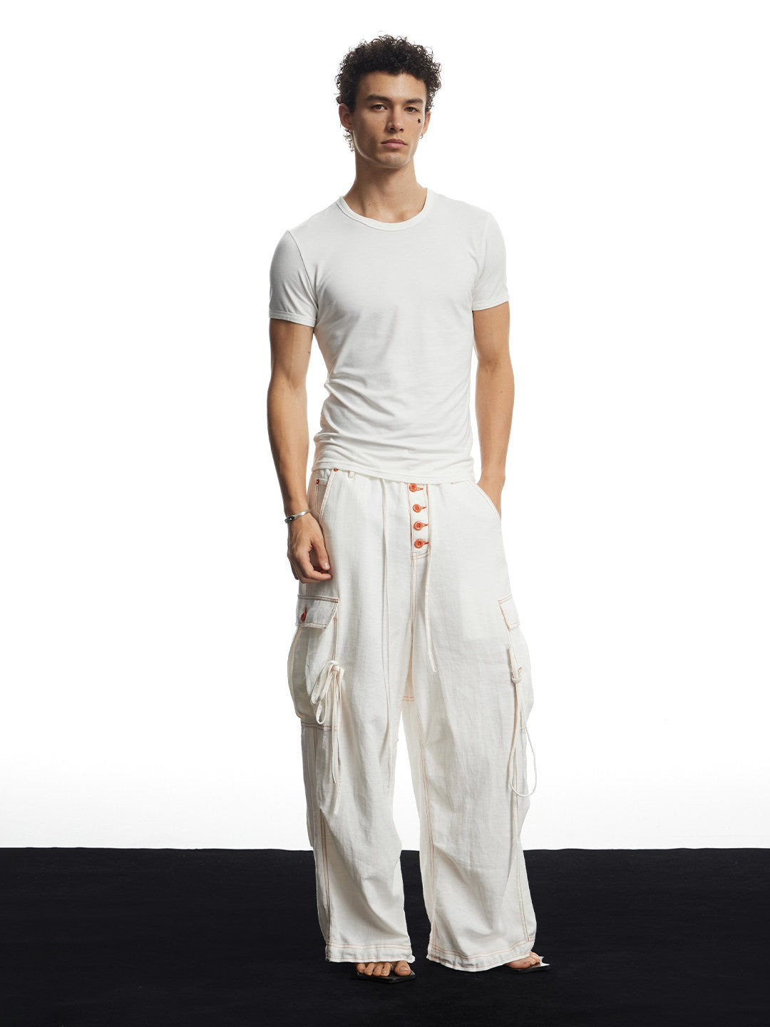 White Linen Infrared Contrast Stitch Bullet Back Patch Wide-Leg Cargo Pants