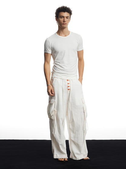 White Linen Infrared Contrast Stitch Bullet Back Patch Wide-Leg Cargo Pants
