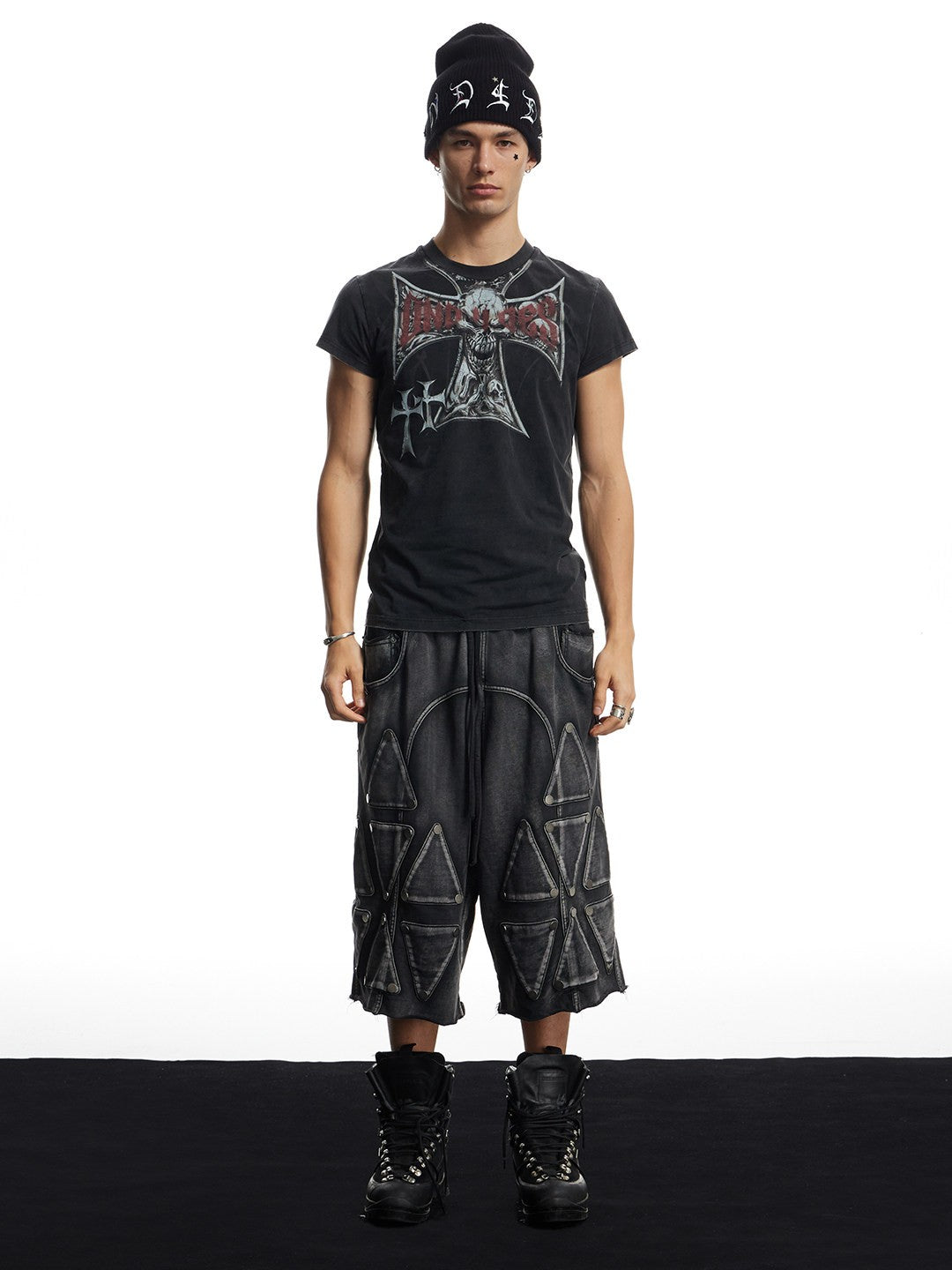 Faded Studded Geo Armor Panel Cargo Shorts