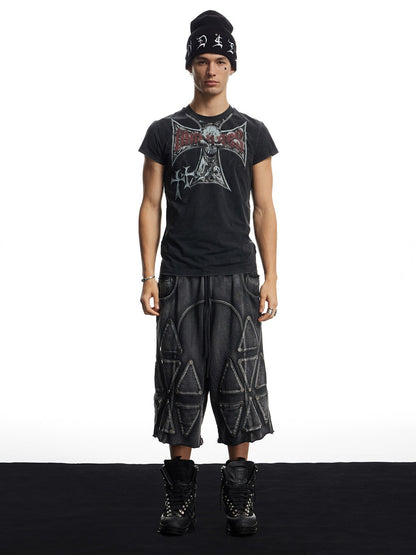 Faded Studded Geo Armor Panel Cargo Shorts