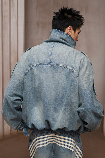 Washed Stand-Collar Double-Breasted Cropped Denim Trench Jacket