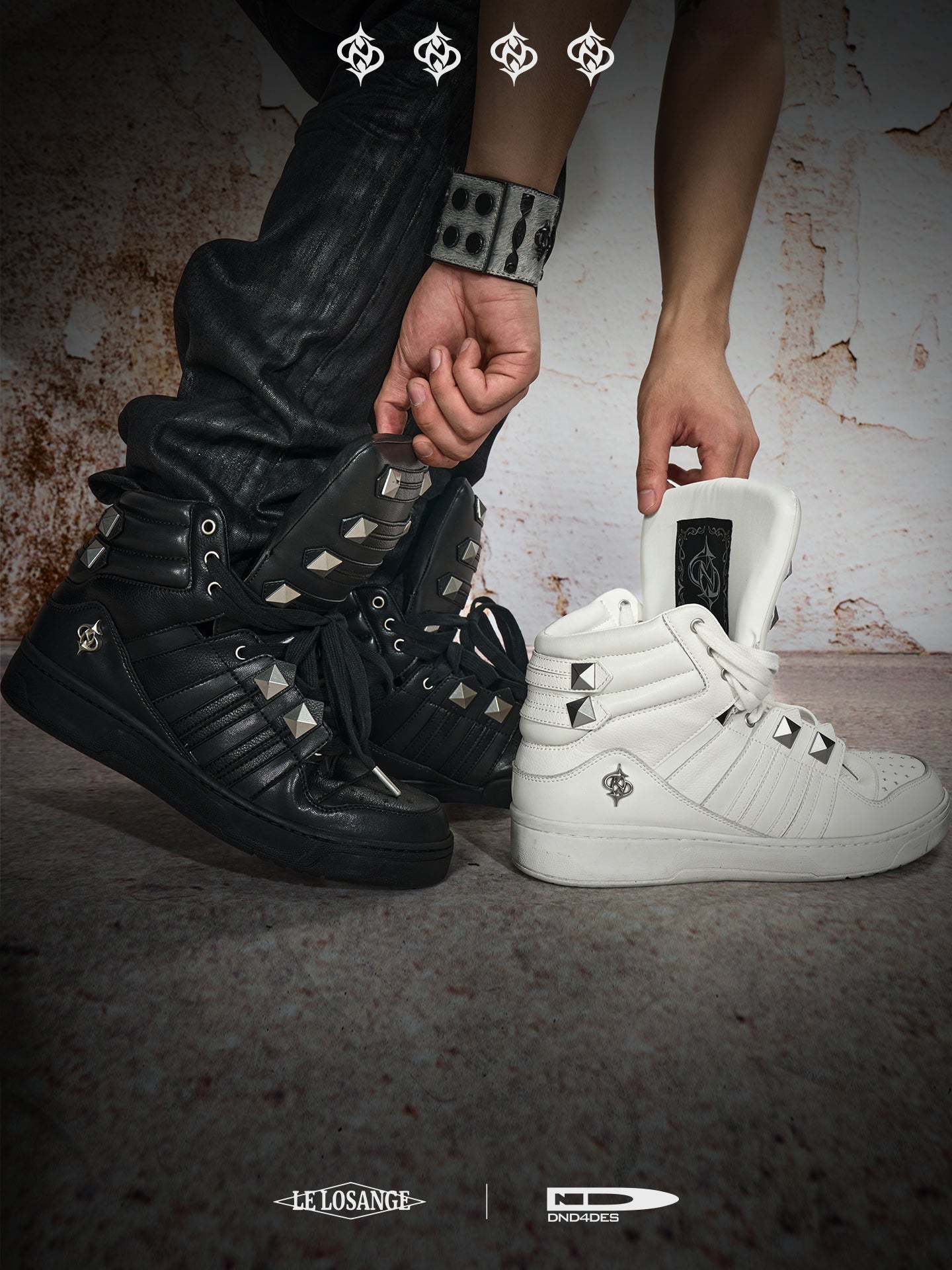 DND4DES x LELOSANGE Royal Studded Oversized Tongue Platform Mid-Top Sneakers