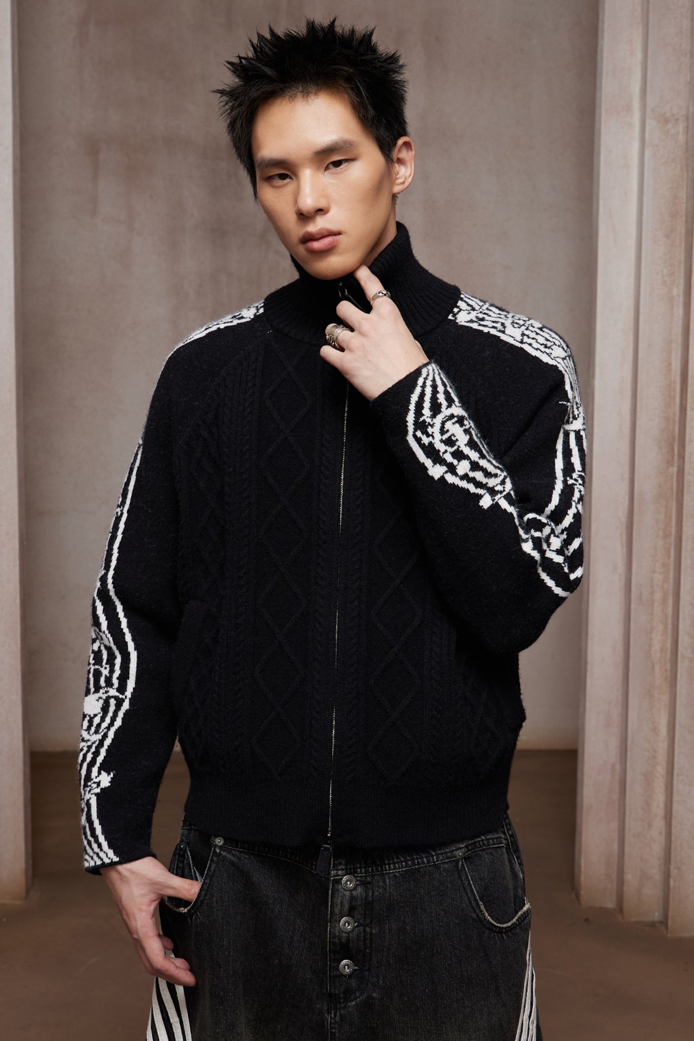Riff Aran Cable Knit High-Neck Zip-Up Jacket