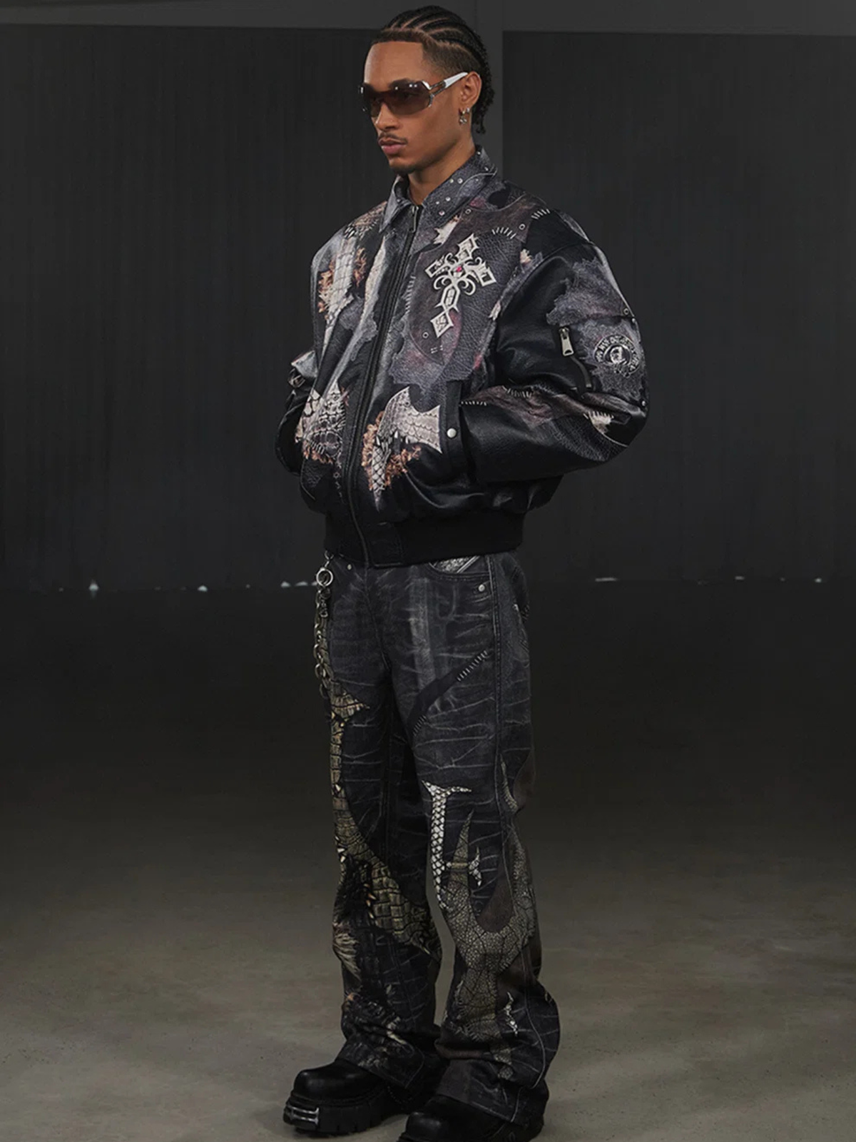 Jeweled Cross Spliced Pythonskin Leather Jacket