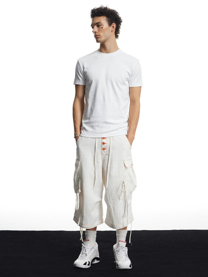 White Linen Infrared Contrast Stitch Bullet Back Patch Cargo Shorts