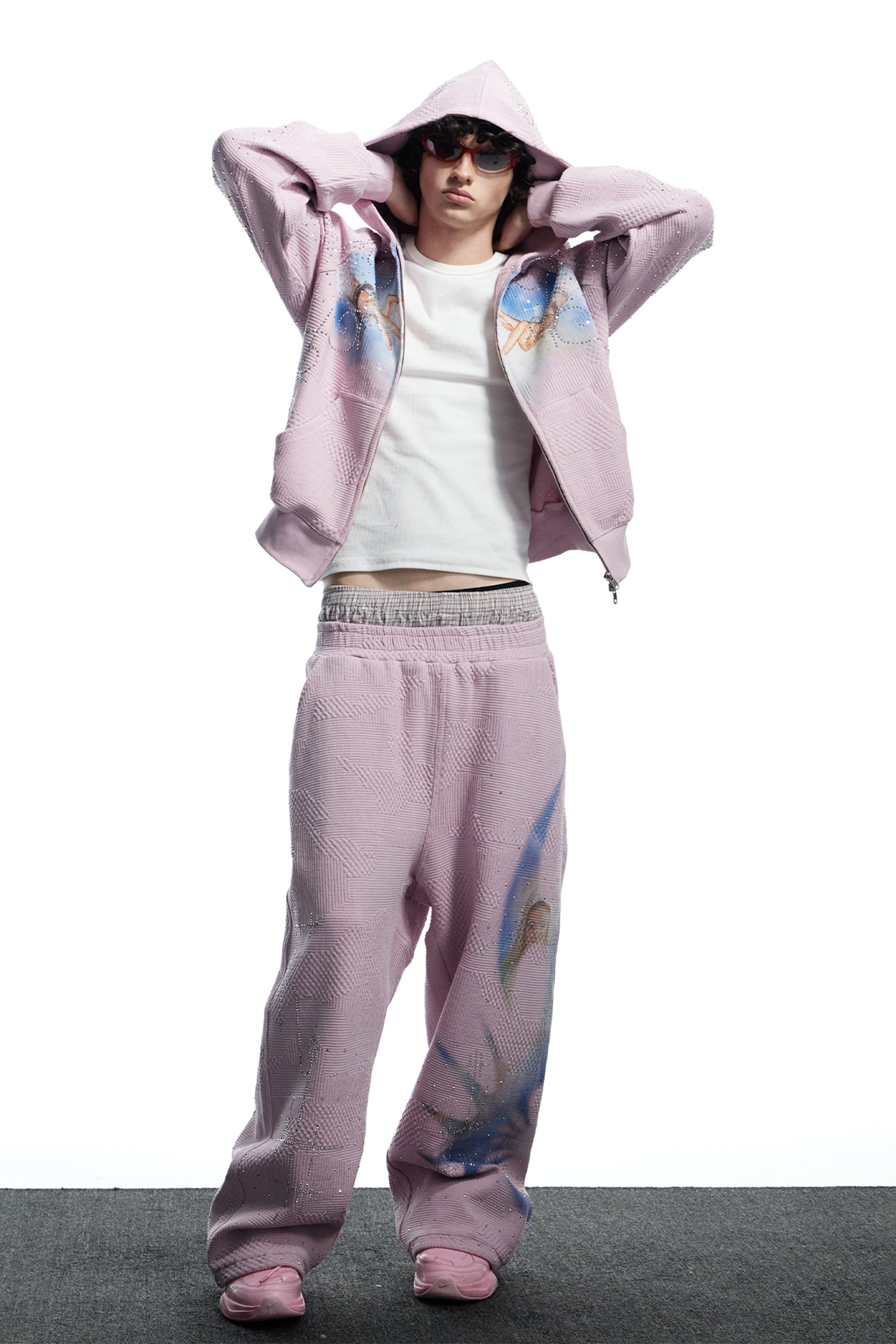 Virgin Mary Hotfix Rhinestone Double Waist Sweatpants - Pink
