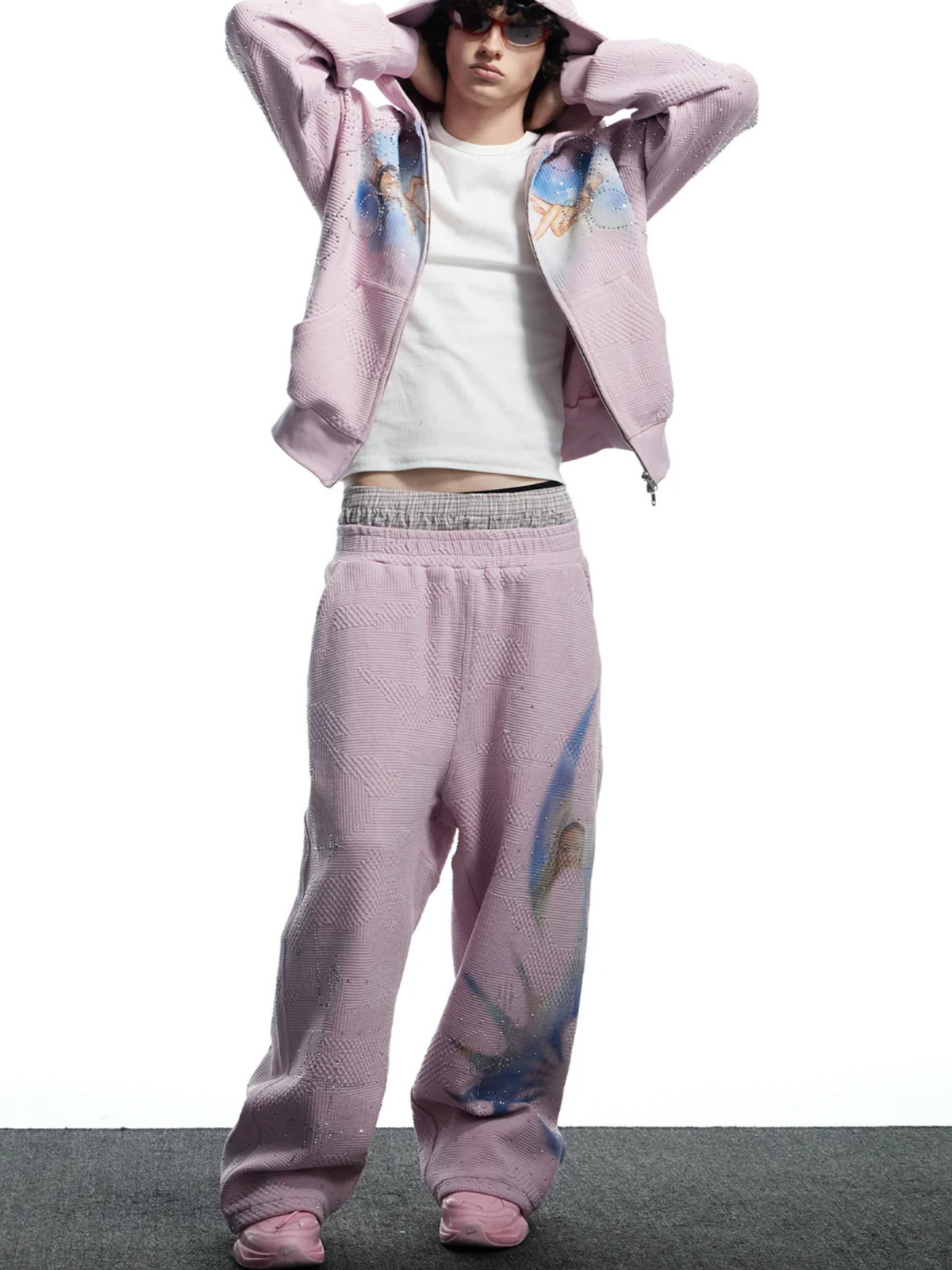 Virgin Mary Hotfix Rhinestone Double Waist Sweatpants - Pink
