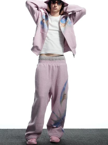 Virgin Mary Hotfix Rhinestone Double Waist Sweatpants - Pink