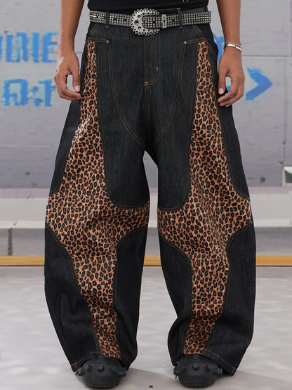 Cross-Paneled Genuine Haircalf Leopard Leather Curved Baggy Jeans
