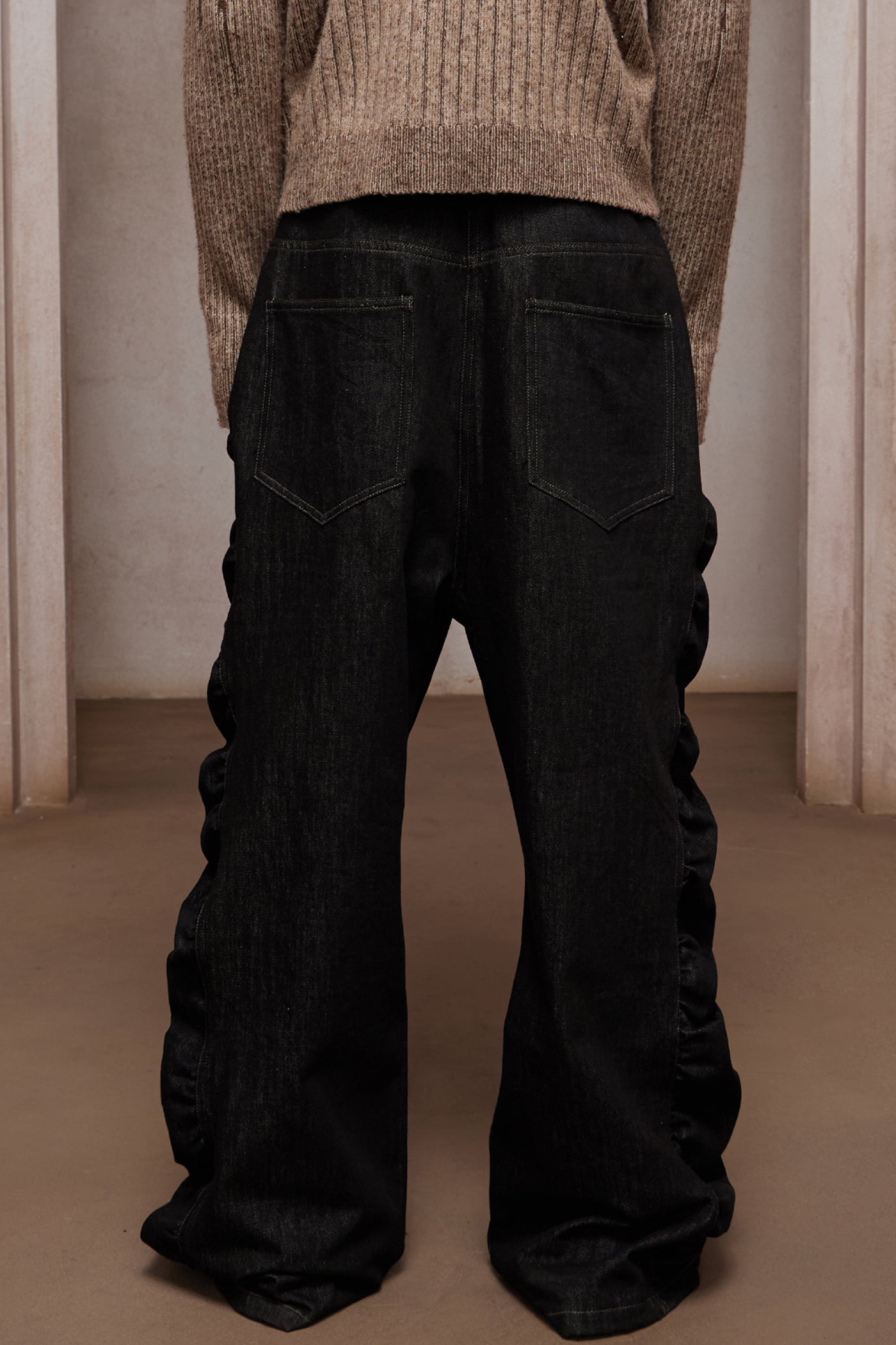 Asymmetric Button Fly Side-Ruched Raw Denim