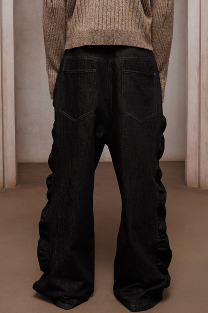 Asymmetric Button Fly Side-Ruched Raw Denim