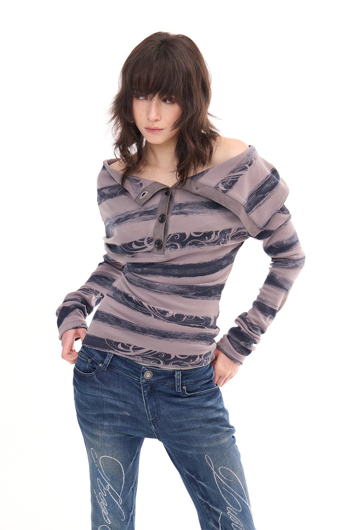 Deconstructing striped Henry collar long sleeved shirt