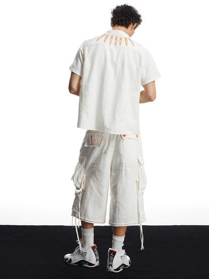 White Linen Infrared Bullet Collar Embroidered Short Sleeve Shirt
