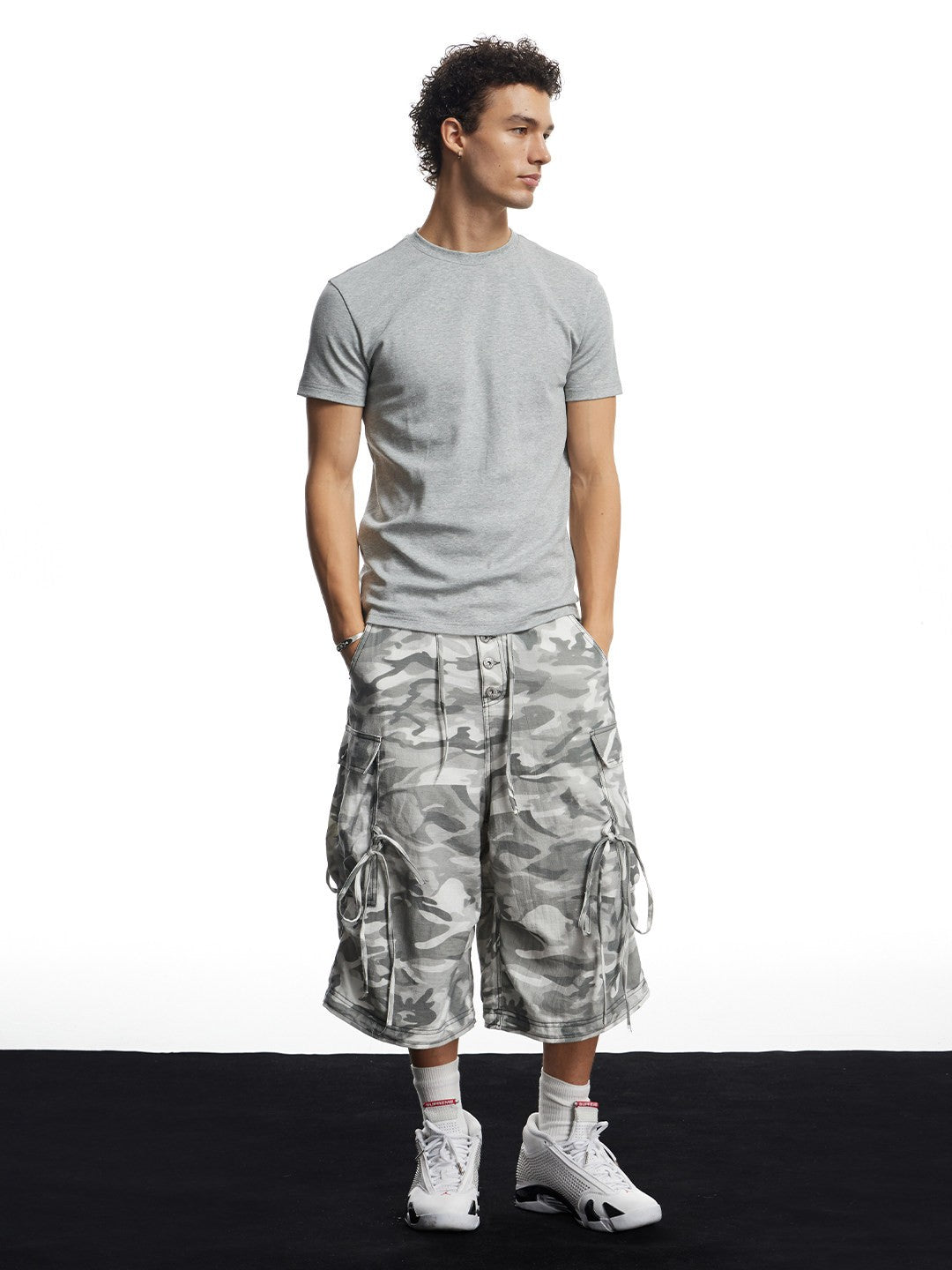 Grey Camo Linen Bullet Back Patch Cargo Shorts